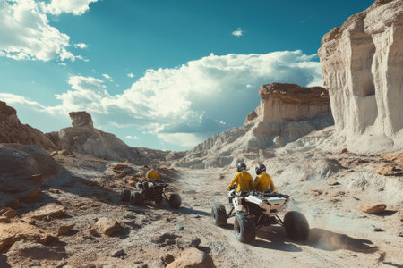 Two riders navigate the rugged terrain in bright yellow gear, surrounded by dramatic rock formations.の写真素材