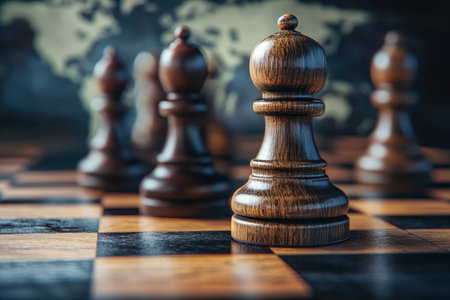 Close-up view of a wooden chess piece on a chessboard with a world map nearby, highlighting strategic gameplay.の写真素材