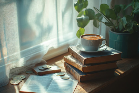 A cup of coffee sits atop stacked books next to a plant, with sunlight streaming through the window.の写真素材
