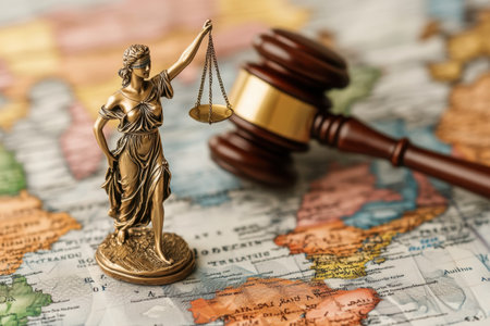 The statue representing Lady Justice stands on a colorful world map next to a gavel, depicting legal principles.の素材