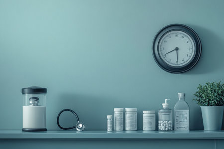 A neatly arranged healthcare shelf with a clock, stethoscope, and assorted medicine containers on display.の写真素材