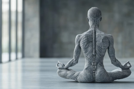 A serene figure sits in meditation, showing intricate details in a minimalist setting filled with light.の写真素材