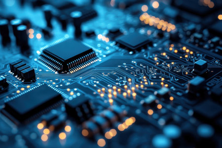 A detailed look at a circuit board with microchips and illuminated pathways, showing technology in action.の写真素材