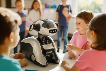 A group of children engages with a friendly robot designed for interactive learning in a brightly lit classroom.の写真素材
