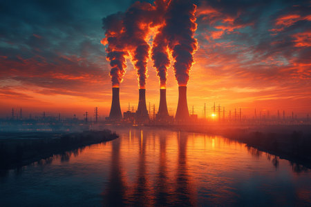 The horizon glows orange as smoke rises from cooling towers near the river at sunset.の写真素材