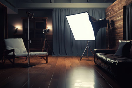 A well-arranged photography studio featuring a bright light source, wooden accents, and comfortable seating.の写真素材