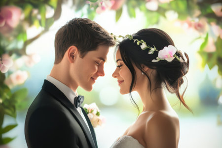 A bride and groom share a tender moment under a floral arch, radiating joy in a peaceful garden.の写真素材