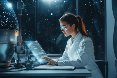 A scientist in a lab coat examines complex data on a glowing tablet surrounded by cosmic visuals after dark.の写真素材