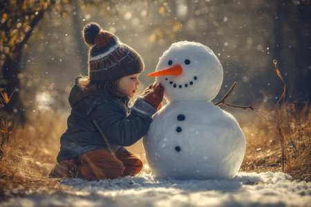 A child in a winter hat decorates a snowman with care in a snowy forest setting.の写真素材
