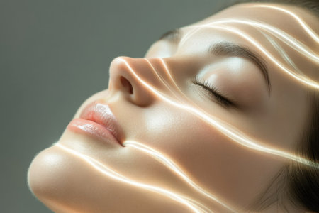 A woman relaxes with closed eyes as light patterns softly accentuate her facial features, creating a serene atmosphere.の写真素材