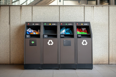 Four recycling bins sit side by side, encouraging waste separation in a modern urban area.の写真素材