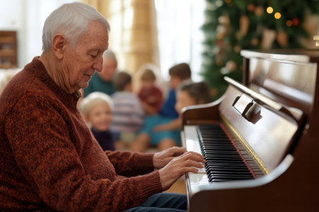 An elderly man plays a piano while children enjoy the music during a festive holiday gathering.の写真素材
