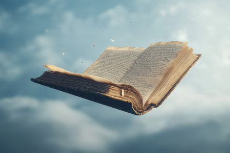 An open book hovers in the sky amidst fluffy clouds, illuminated by soft early morning light.の写真素材