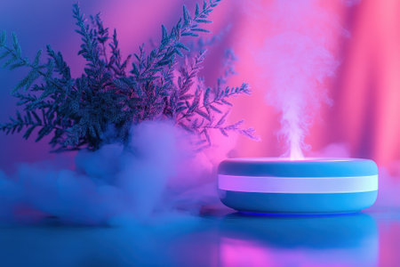 A colorful aromatherapy diffuser emits soothing mist next to a vibrant plant, creating a relaxing atmosphere.の写真素材