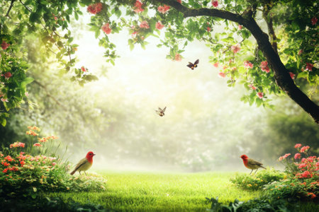 Two bright birds rest among blooming flowers while butterflies flutter in a serene garden during morning light.の写真素材