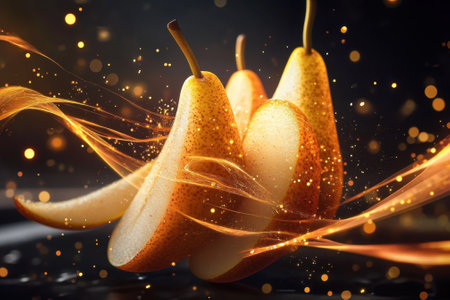 Pears are arranged elegantly with golden sparkles surrounding them, creating a lively and artistic composition.の写真素材