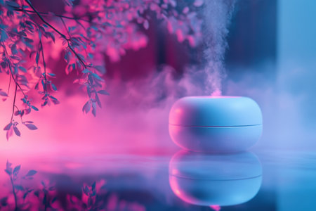 A white aromatherapy diffuser releases mist with vibrant purple and pink lighting in a serene atmosphere.の写真素材