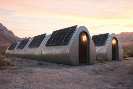 Innovative solar-powered homes showcase sustainable architecture in a serene desert at dusk.の写真素材