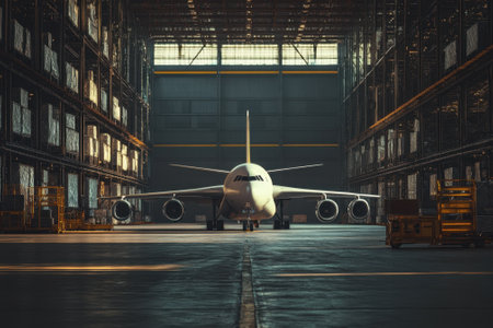 A substantial airplane is stationary inside a large hangar.の写真素材