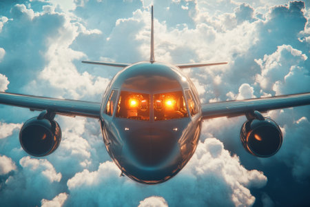 An airplane flies amidst fluffy clouds, with bright cockpit lights reflecting the vibrant sky during sunset.の写真素材