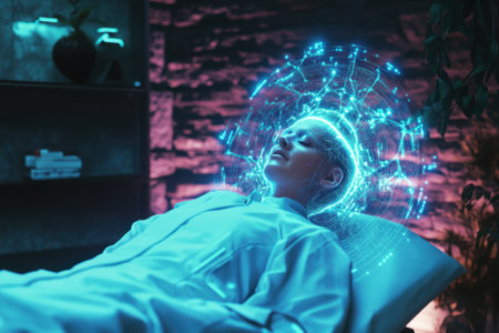 A woman lies relaxed on a treatment bed, surrounded by glowing holographic visuals enhancing her calming experience.の写真素材