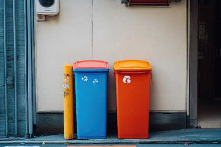 Two vibrant recycling bins stand side by side against a building in a busy urban environment.の素材