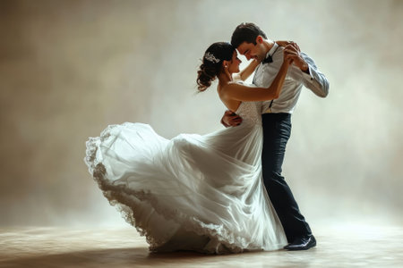 A couple gracefully dances together in an enchanting atmosphere, celebrating their nuptials in soft light.の写真素材