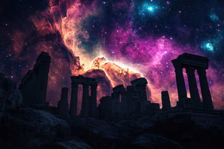 Ancient ruins stand silhouetted against a vibrant cosmic background filled with stars and colors.の写真素材