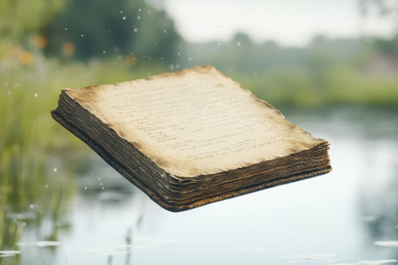 An ancient manuscript hovers effortlessly above tranquil water amid vibrant plant life in a serene setting.の写真素材