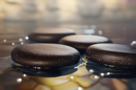 Four smooth black stones are partially submerged in tranquil water, reflecting soft ambient light.の写真素材