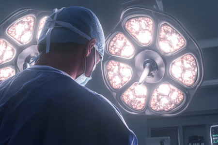 A skilled surgeon focuses intensely while conducting a delicate operation guided by bright surgical lights.の写真素材