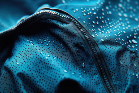 Water droplets cling to a textured blue fabric, showing its waterproof qualities after rain.の写真素材