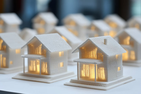 Small 3D printed houses illuminate warmly, showcasing intricate designs in a modern and artistic setting.の写真素材