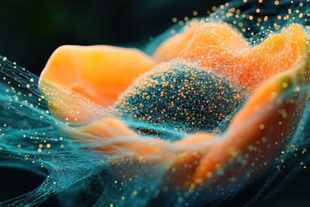 A vibrant flower covered in fine webs glistens with dew at dawn, showing nature's stunning details.の写真素材