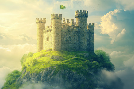 A grand castle stands atop a rocky elevation, surrounded by lush greenery and mist, illuminated by soft morning light.の写真素材
