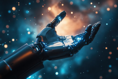 A detailed robotic hand extends towards a colorful cosmic background filled with glowing particles.の写真素材