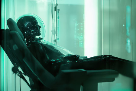 A humanoid robot rests in a sleek chair, surrounded by glowing technology in a modern lab.の写真素材