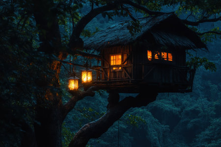 A charming treehouse with glowing windows is nestled in a serene forest, surrounded by lush greenery at dusk.の写真素材