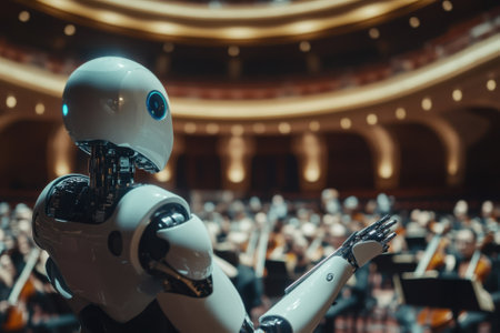 A robot stands in front of an orchestra in a concert hall, conducting a mesmerizing performance for the audience.の写真素材