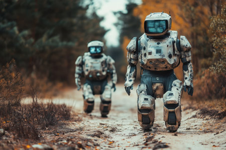 Two robots stroll down a trail surrounded by trees in vibrant autumn colors.の写真素材