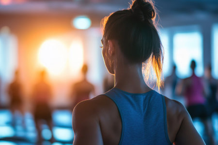 A woman leads a group fitness class at sunset, participants follow her movements and enjoy the moment.の写真素材