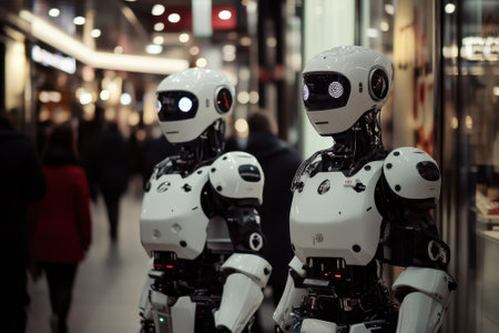Two humanoid robots are positioned near storefronts in a lively shopping mall filled with visitors.の写真素材