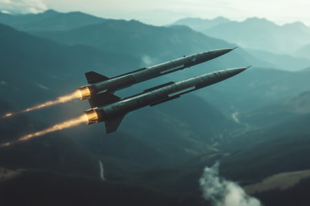 Two military rockets ascend into the sky, leaving trails of fire while flying over rugged mountains.の写真素材