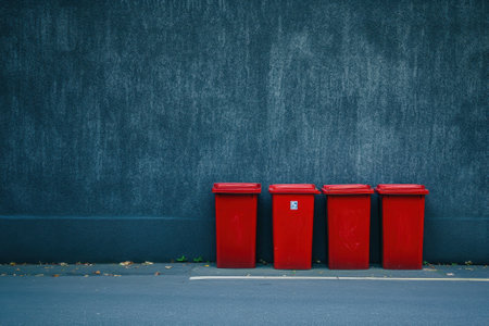 Four red trash bins sit neatly against a textured gray wall on a quiet urban street in daylight.の写真素材