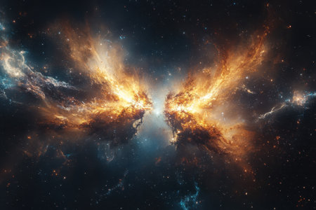 A stunning celestial view showcases a vibrant cosmic butterfly with colors and gases swirling in the universe.の写真素材