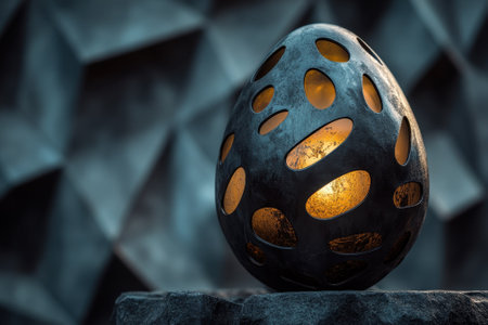 The intricate egg-shaped sculpture glows softly, revealing patterned cutouts in a dimly lit environment.の写真素材