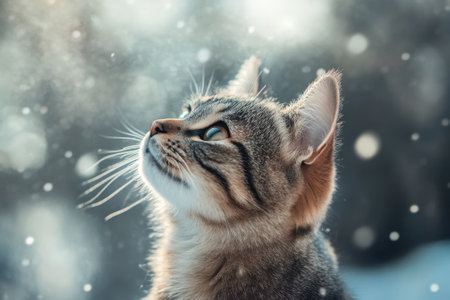 A striped cat gazes upward, mesmerized by snowflakes drifting down in a serene winter environment.の写真素材
