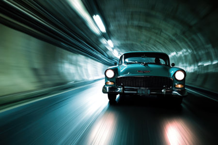 Vintage automobile accelerates through a dimly lit tunnel, showing motion and nostalgia.の写真素材