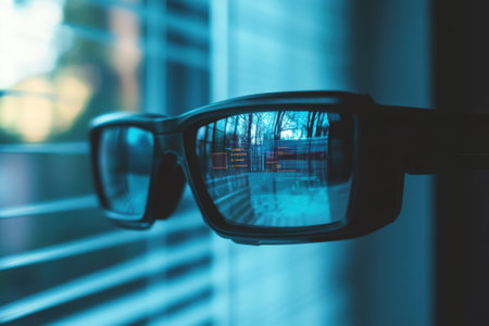 Reflective glasses showcase a view through partially closed blinds during the day.の写真素材