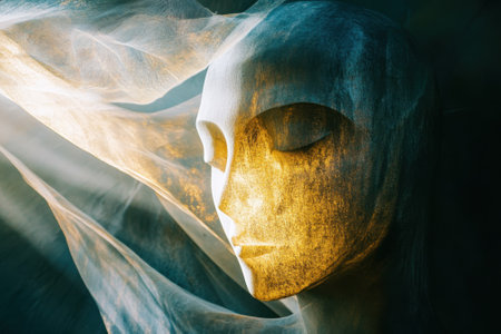 A serene sculpture of a face emerges from soft fabric, illuminated by gentle light, creating an ethereal atmosphere.の写真素材